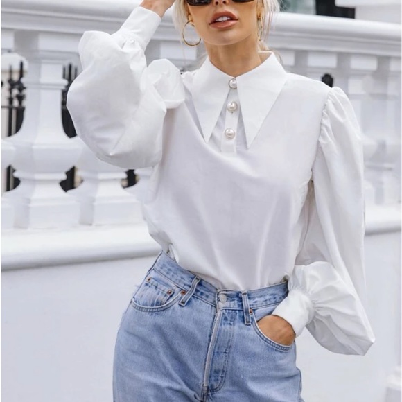 Tops - Elegant Classy Puff Cuff Long Sleeve Collar Top Blouse Shirt OFF WHITE